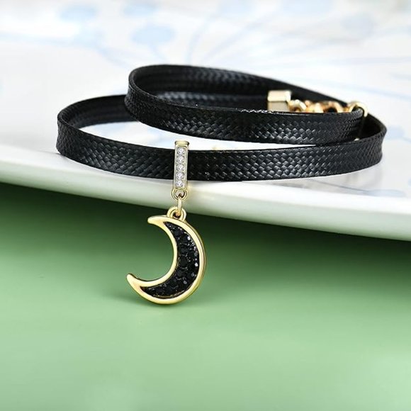 Black Leather Moon Choker Necklace - Picture 3 of 3